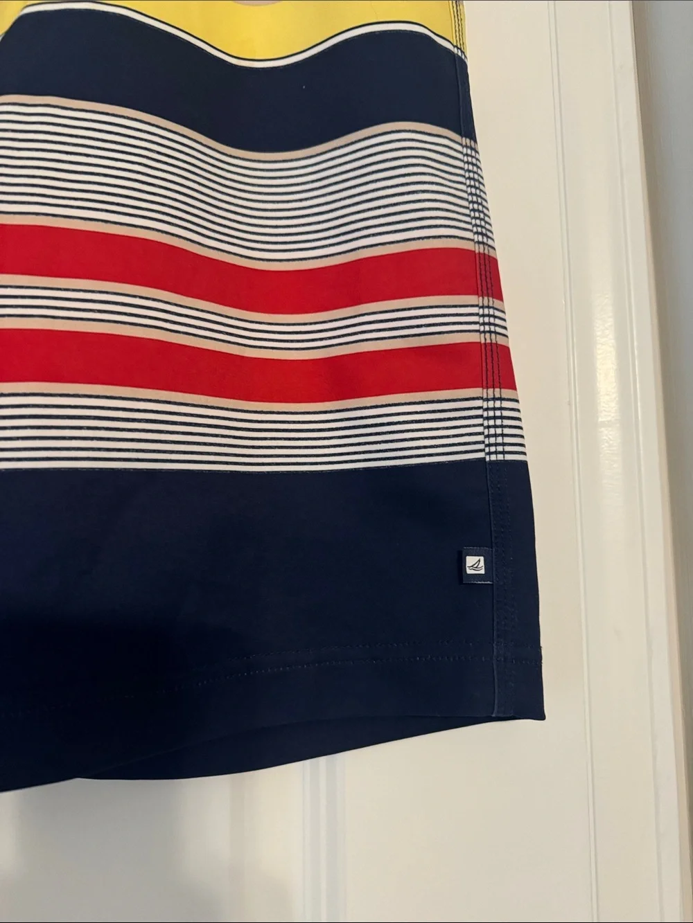Sperry Navy Board Shorts with Yellow & Red Stripes
